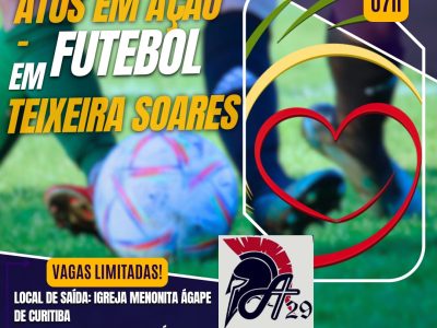📣 CONVITE ESPECIAL – ATOS EM AÇÃO! ⚽ Você está convidado para um dia de comunhão, futebol e missão em Teixeira Soares! Vamos juntos levar a mensagem do amor de Deus de forma leve e com propósito. 💪❤️ 📍 Destino: Igreja Menonita Ágape de Teixeira Soares 🚐 Saída: Igreja Menonita Ágape de Curitiba 🗓️ Data: Sábado, 30 de agosto 🕖 Horário de saída: 07h 💰 Ajuda de custo: R$ 40,00 (Transporte + almoço incluídos) ⚠️ Vagas limitadas! 📲 Informações e inscrição com o Líder Julio "Todos os que creram viviam juntos e compartilhavam tudo." – Atos 2:44 (NVI)